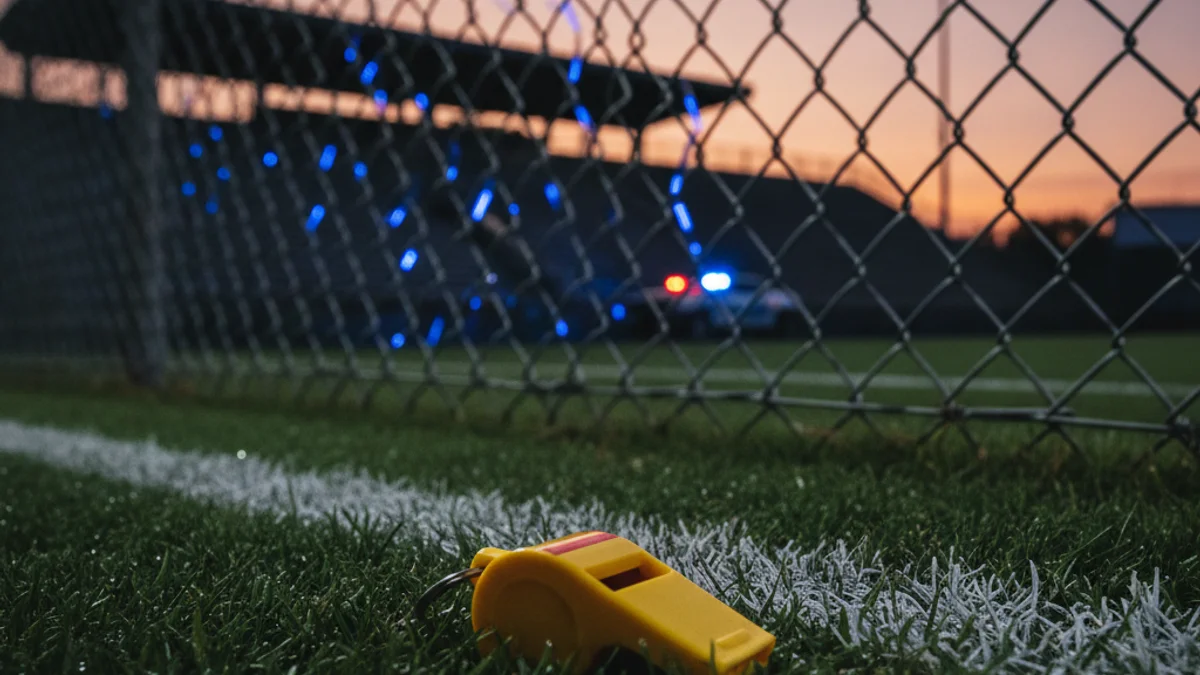 Generic image of a football field with emergency lights in the background after an incident.