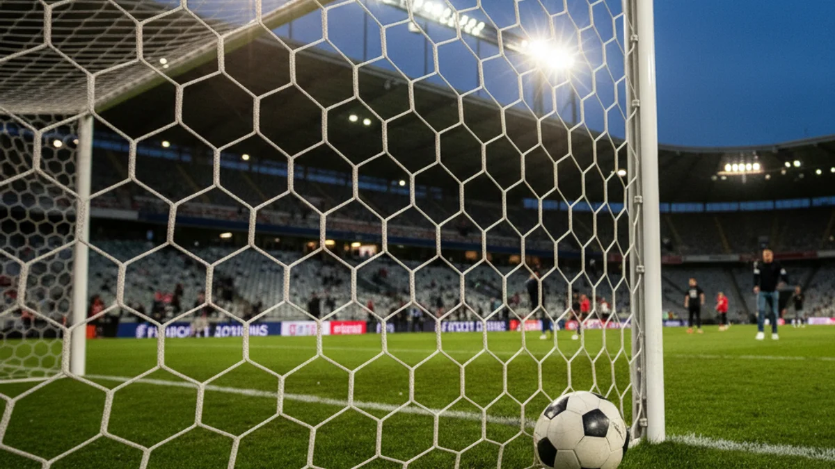 Generic image of a soccer goal under stadium floodlights.