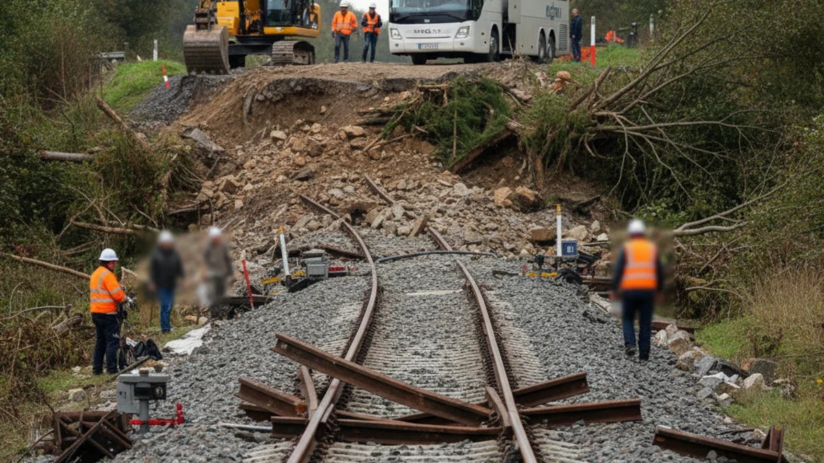Imatge genèrica d'una via de tren interrompuda o d'obres d'infraestructura ferroviària amb maquinària pesada.