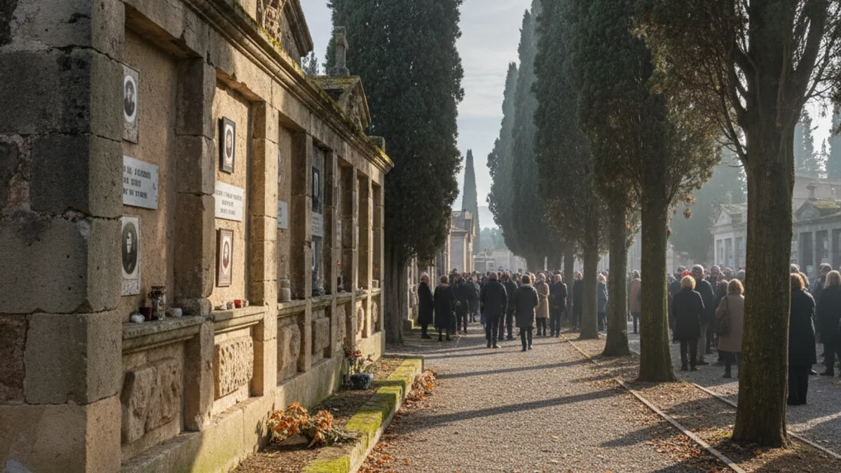 Imagen genérica de un cementerio histórico con cipreses y lápidas antiguas bajo una luz suave.