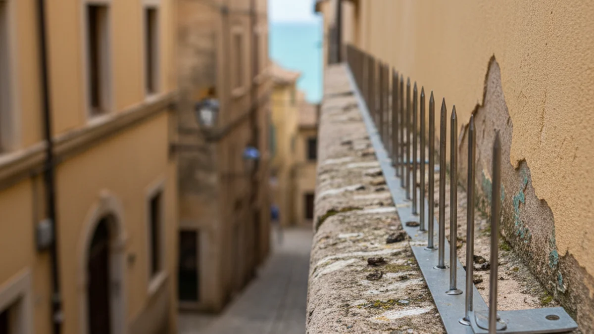 Imatge genèrica de mesures dissuasives contra coloms, com punxes o xarxes en una teulada urbana.