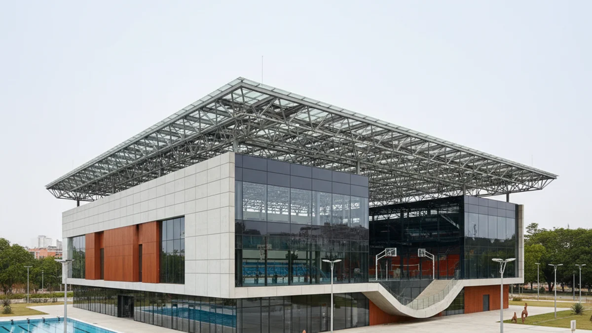 Vista exterior d'un centre esportiu municipal amb piscina.