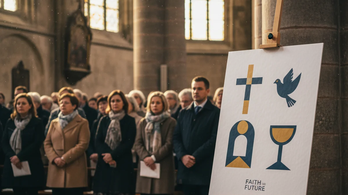 Imatge genèrica d'un cartell artístic exposat a l'interior d'una església de pedra.