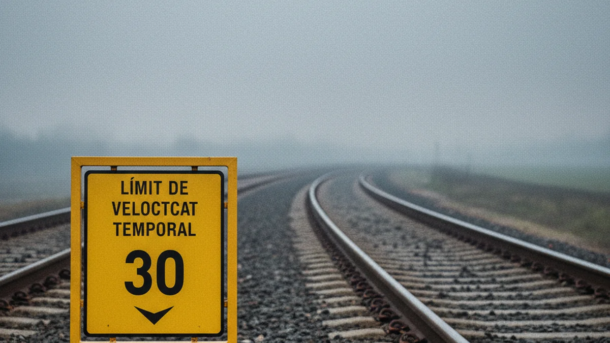 Imatge genèrica d'un senyal de limitació temporal de velocitat al costat d'una via de tren.
