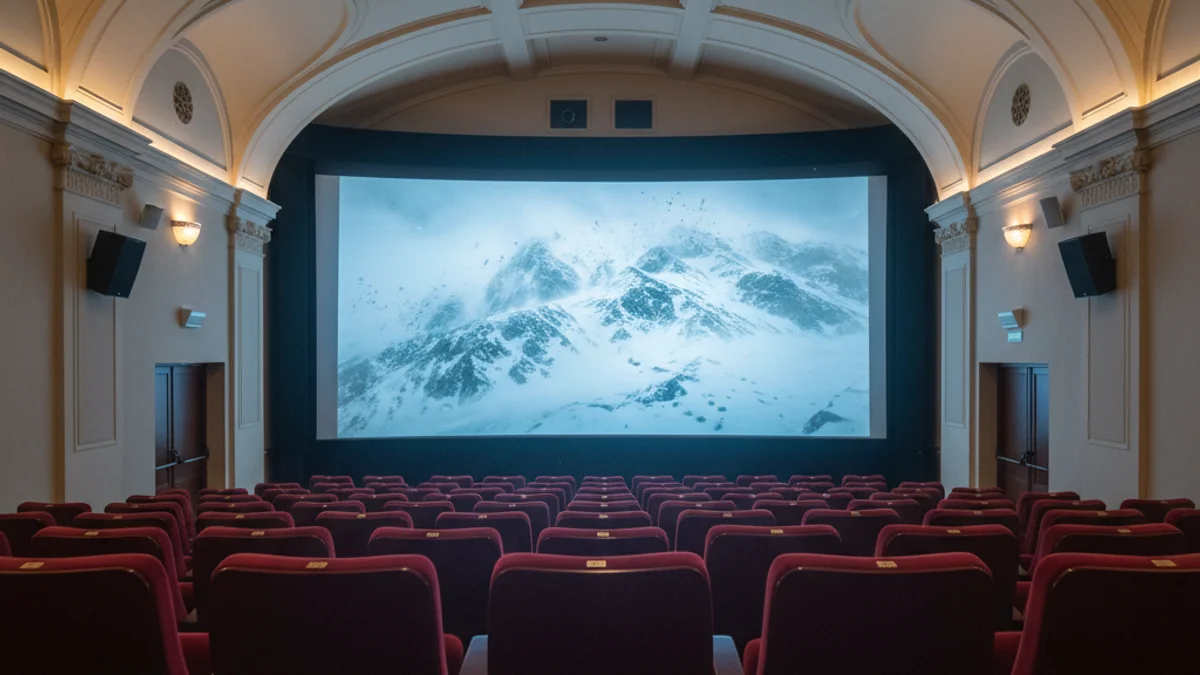 Imagen genérica de la sala de un cine durante la proyección de una película sobre montañas nevadas.