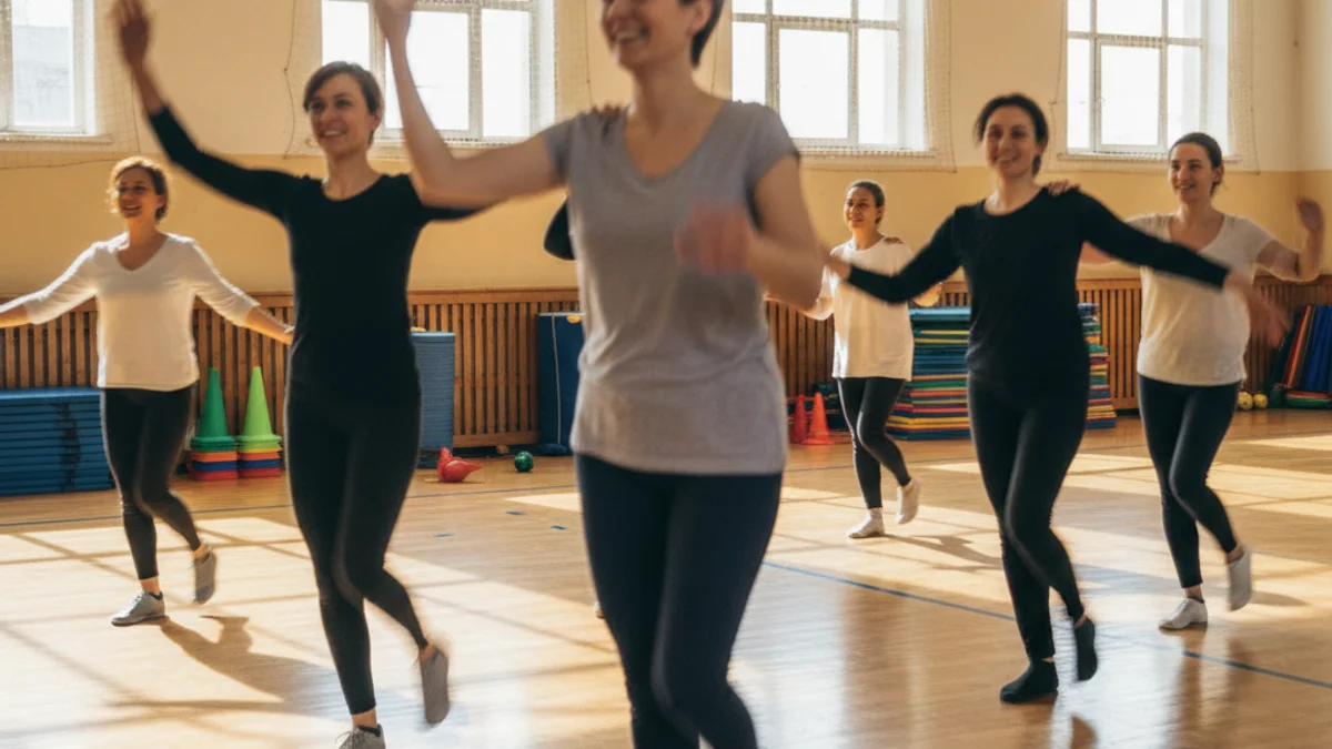Grup de persones realitzant exercici terapèutic en un pavelló municipal, amb un ambient de suport comunitari.