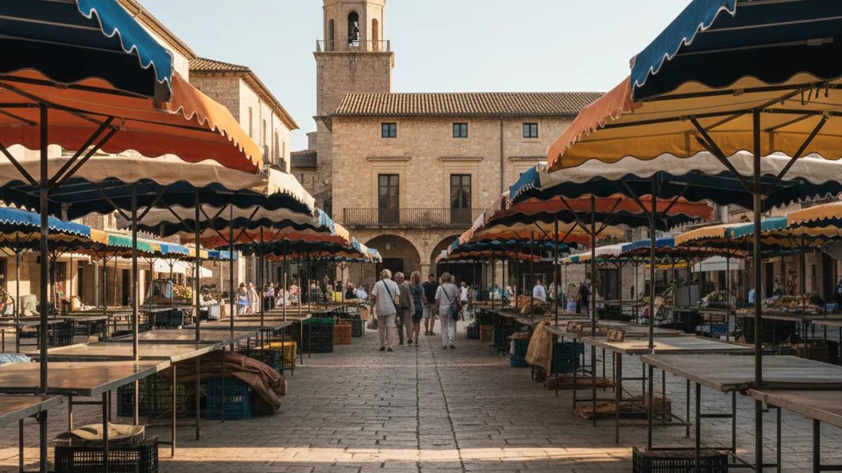 Imagen genérica de unos puestos de mercado al aire libre en una plaza histórica.