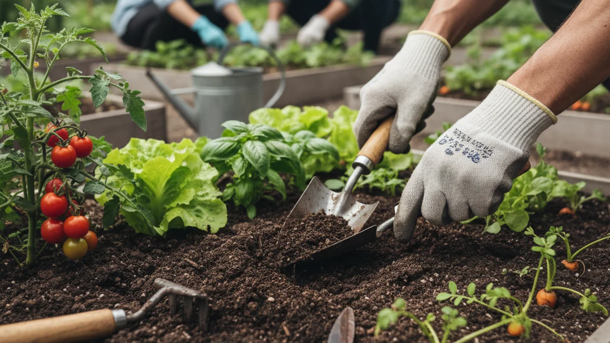 Imatge genèrica de mans treballant la terra en un hort urbà, amb eines de jardineria i hortalisses.
