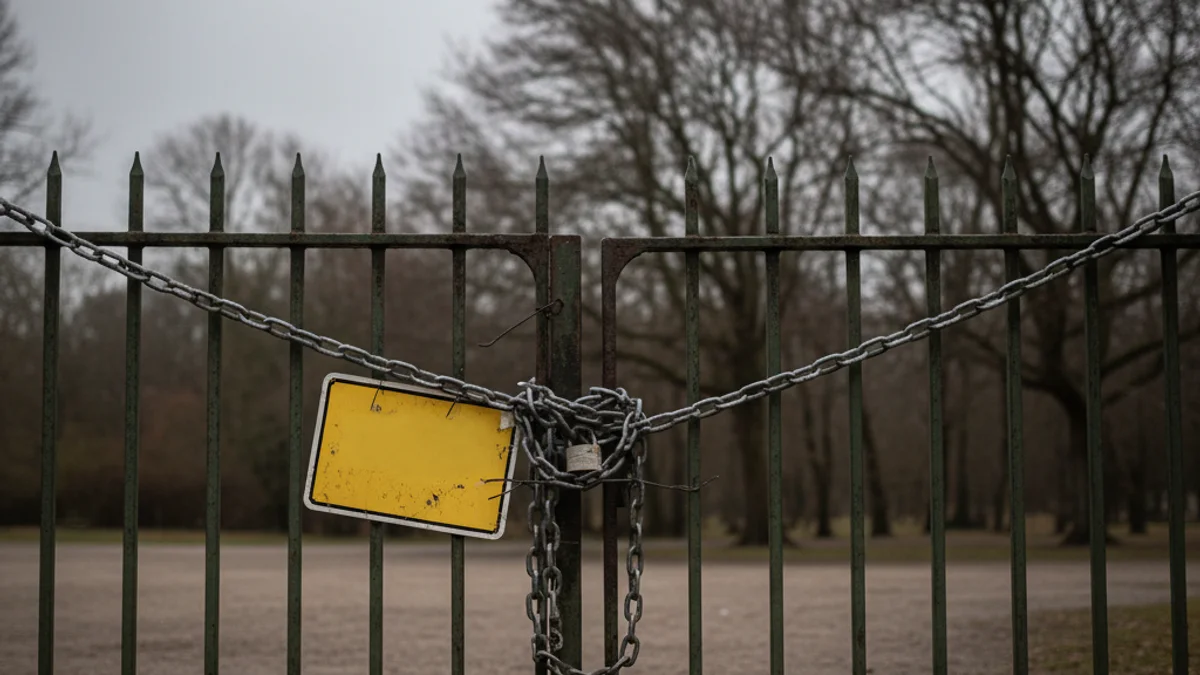 Un carrer buit amb senyalització de perill per vent i branques d'arbres movent-se.