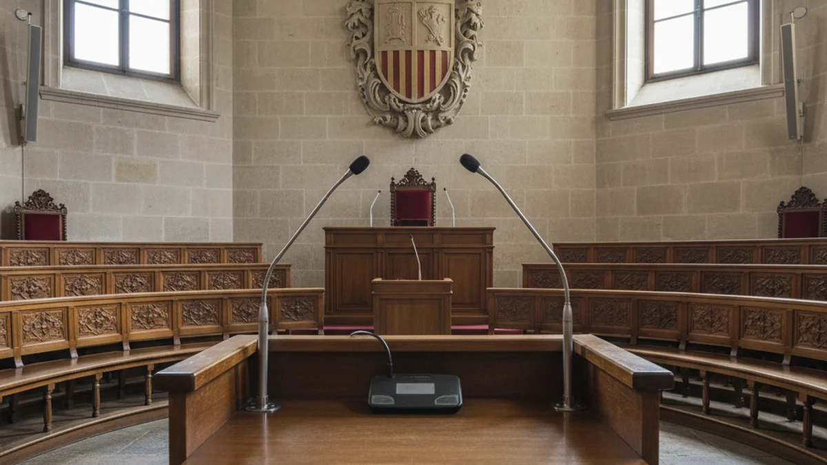 Imagen genérica de una sala de plenos municipal con micrófonos sobre un atril.