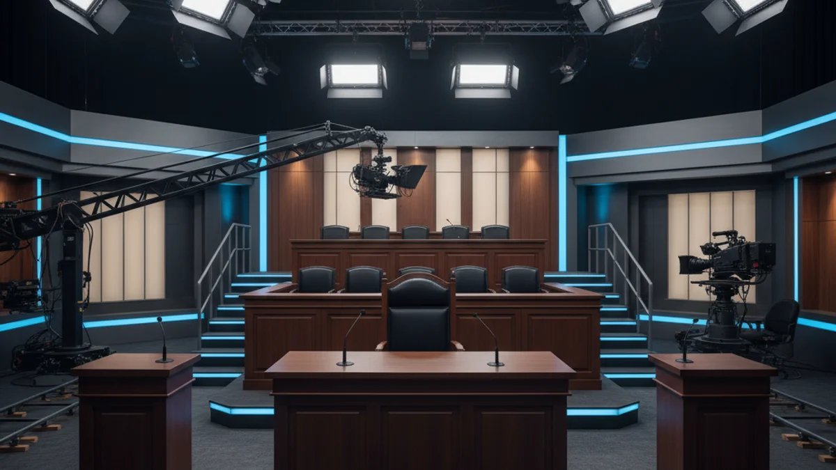 Imatge genèrica d'un plató de televisió que recrea una sala de judicis amb un estradat i micròfons.