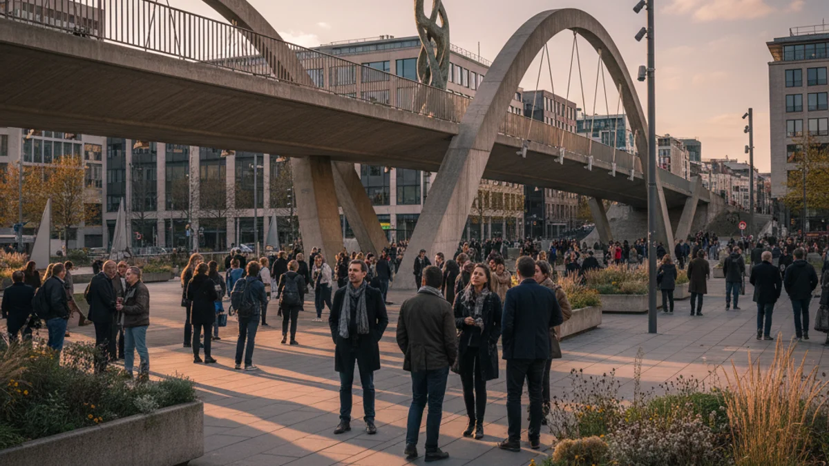 Generic image of an urban bridge with a metal sculpture on top.