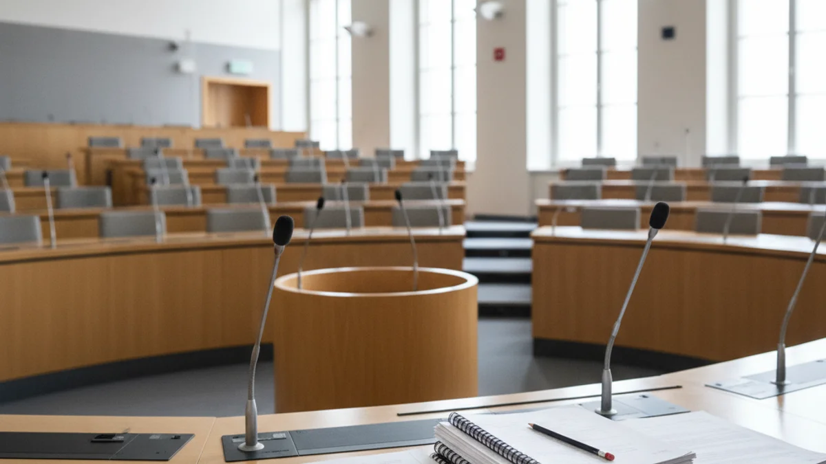 Imatge genèrica d'una sala de plens municipal buida amb micròfons sobre la taula.