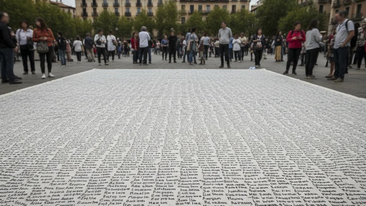 Imatge genèrica d'una gran lona amb milers de noms escrits estesa en una plaça pública.