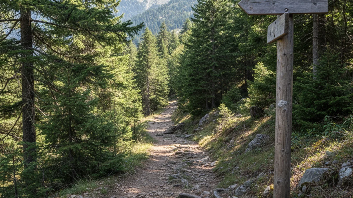 Imatge genèrica d'un sender de muntanya amb senyalització de fusta i vegetació densa als costats.