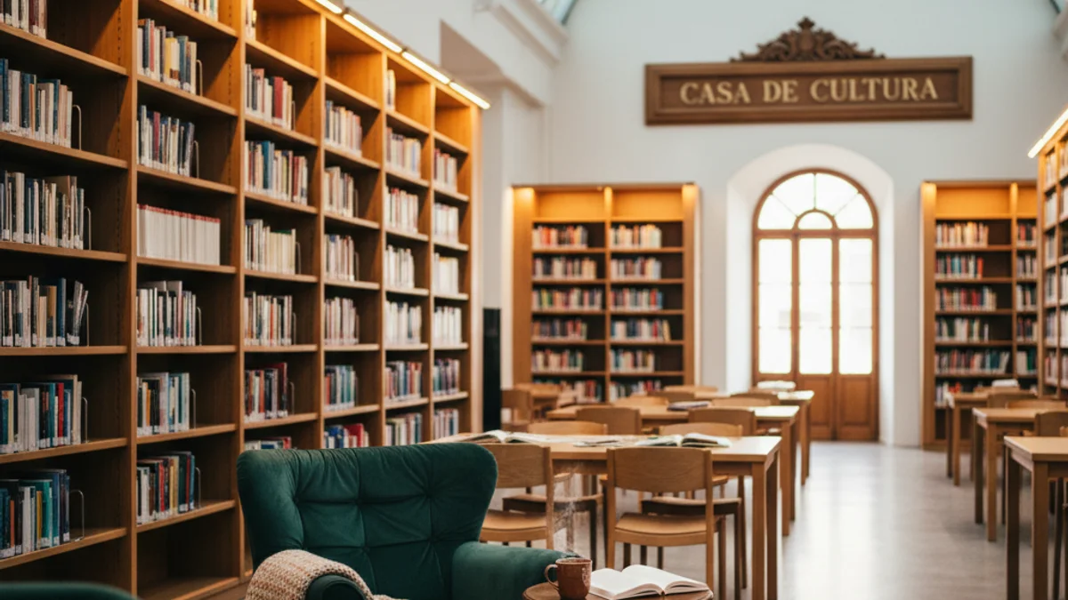 Generic image of a municipal library interior with wooden bookshelves.