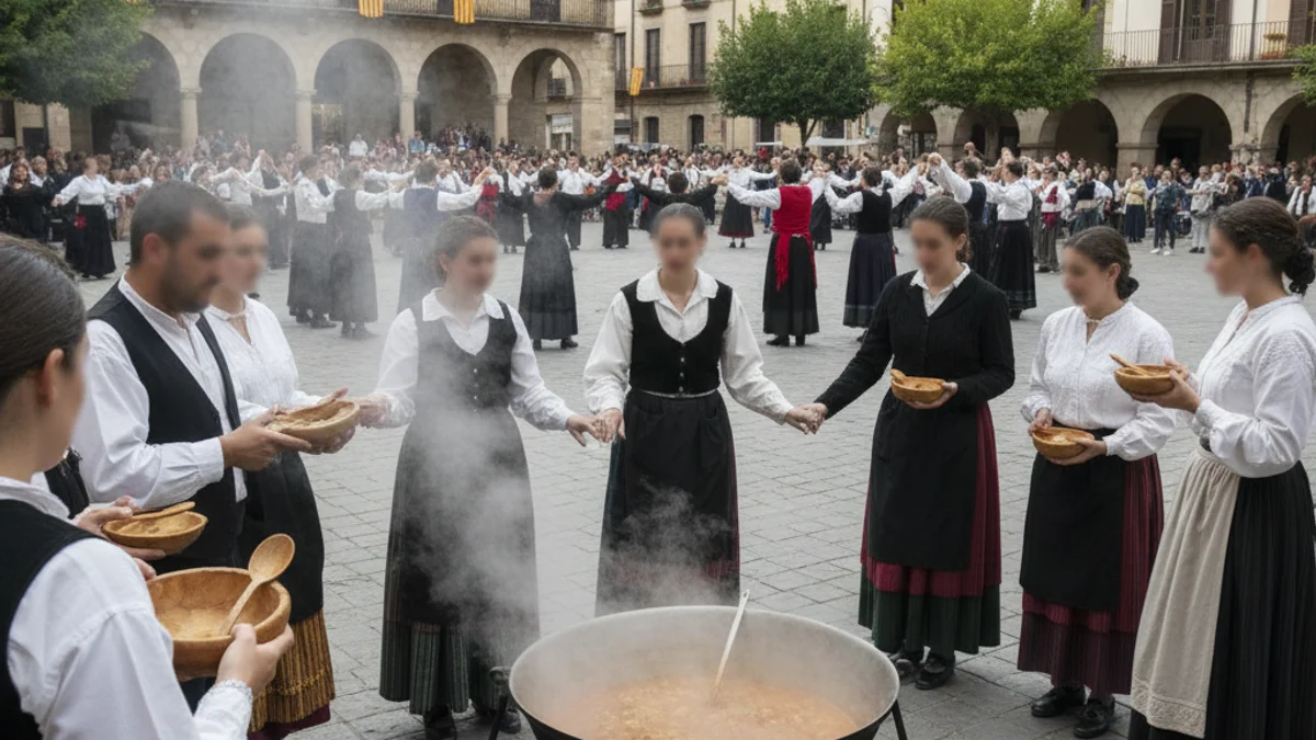 Imatge genèrica d'una festa popular amb gent reunida al voltant d'una caldereta o ballant sardanes a la plaça del poble.