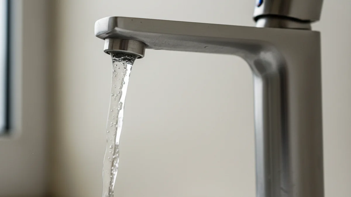 Detall d'una aixeta de la qual surt un raig d'aigua neta.