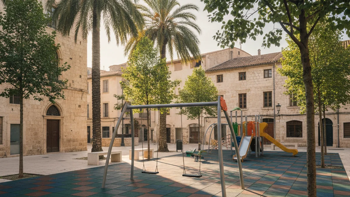 Imatge genèrica d'una nova àrea de jocs infantils integrada en una plaça històrica amb arbres i paviment renovat.