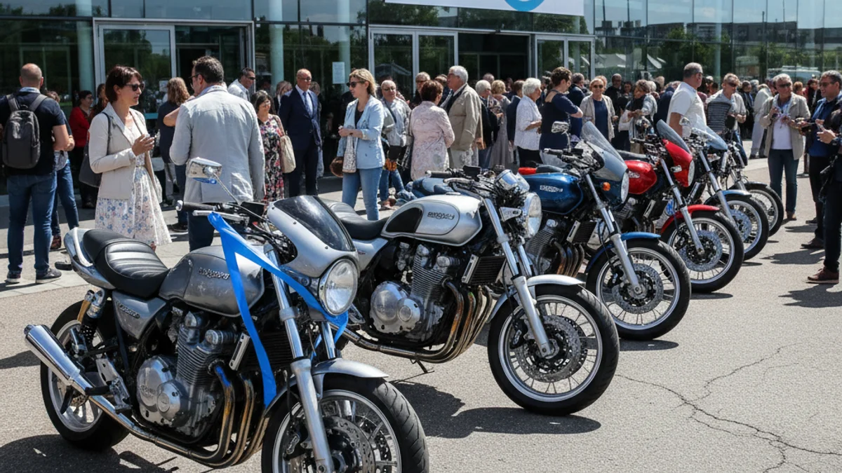Imagen genérica de motocicletas preparadas para una ruta turística frente a un pabellón ferial.