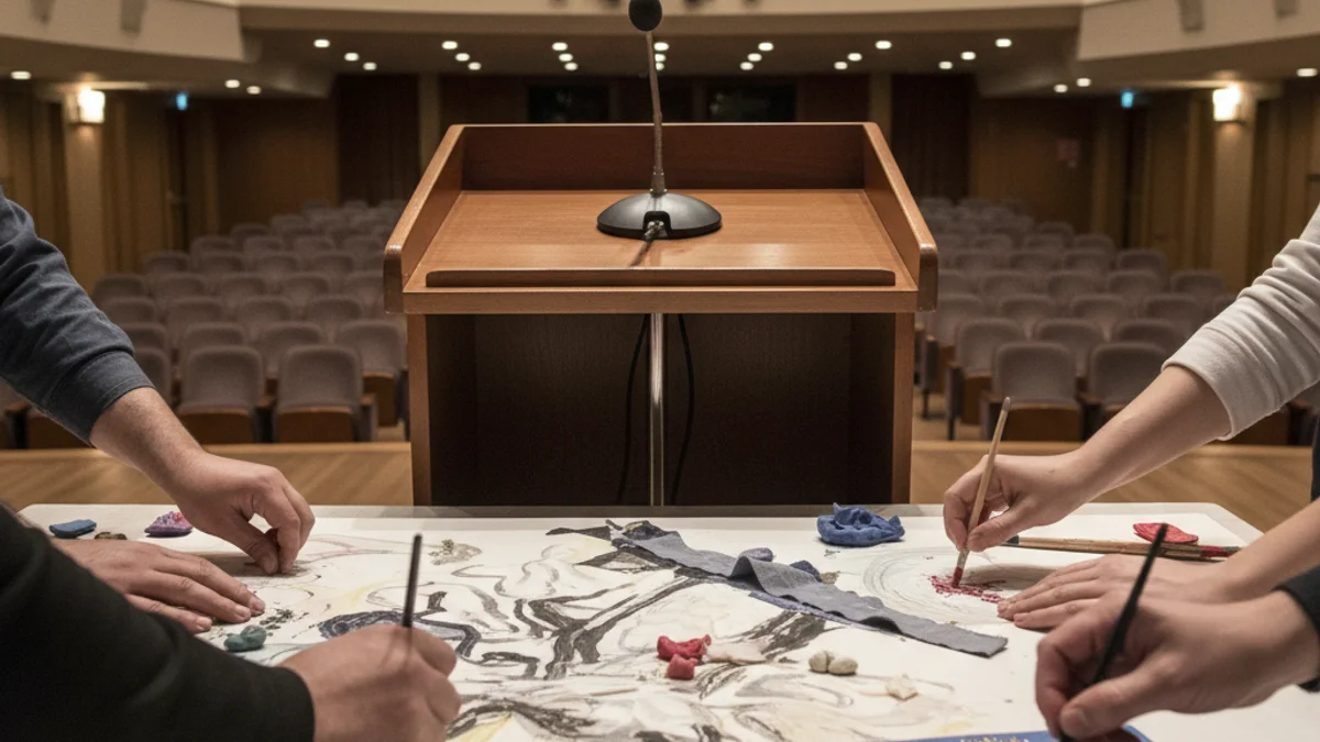 Imatge genèrica d'una presentació cultural o social, amb focus en la col·laboració artística.