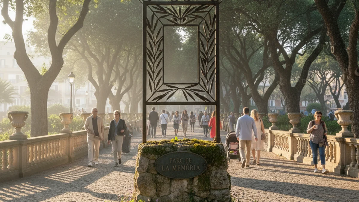 Imagen genérica de un parque público urbano con árboles y un espacio para una placa conmemorativa.