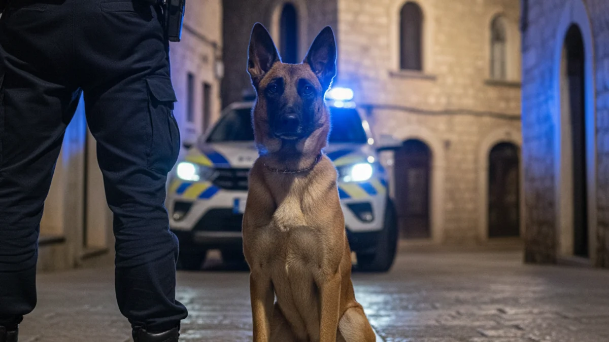 Imatge genèrica d'una unitat canina de la policia local durant un patrullatge nocturn.