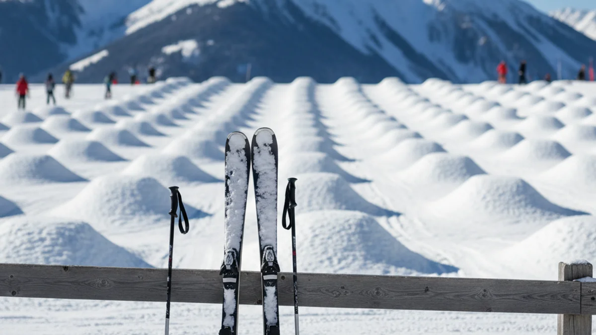 Imatge genèrica d'una pista d'esquí amb bamps i material de competició sobre la neu.