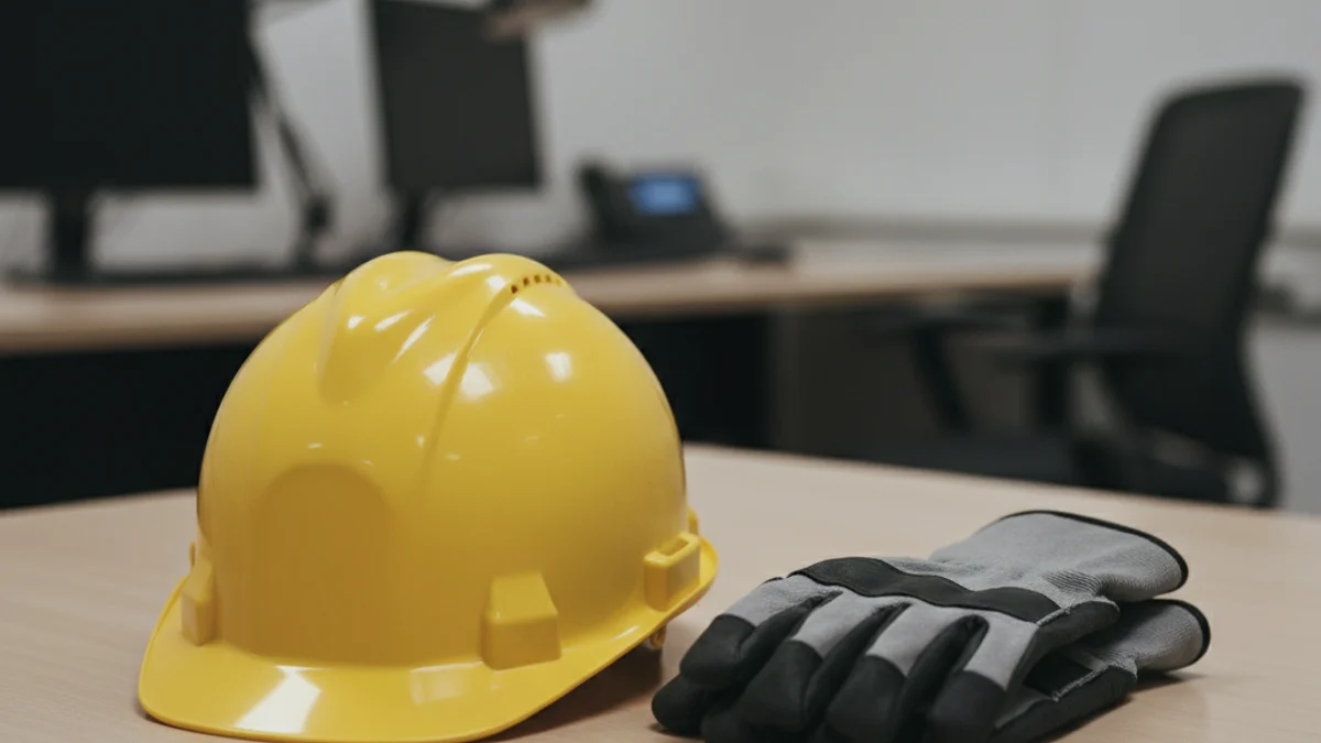 Equipament de seguretat laboral sobre una taula d'oficina en un entorn de treball modern.