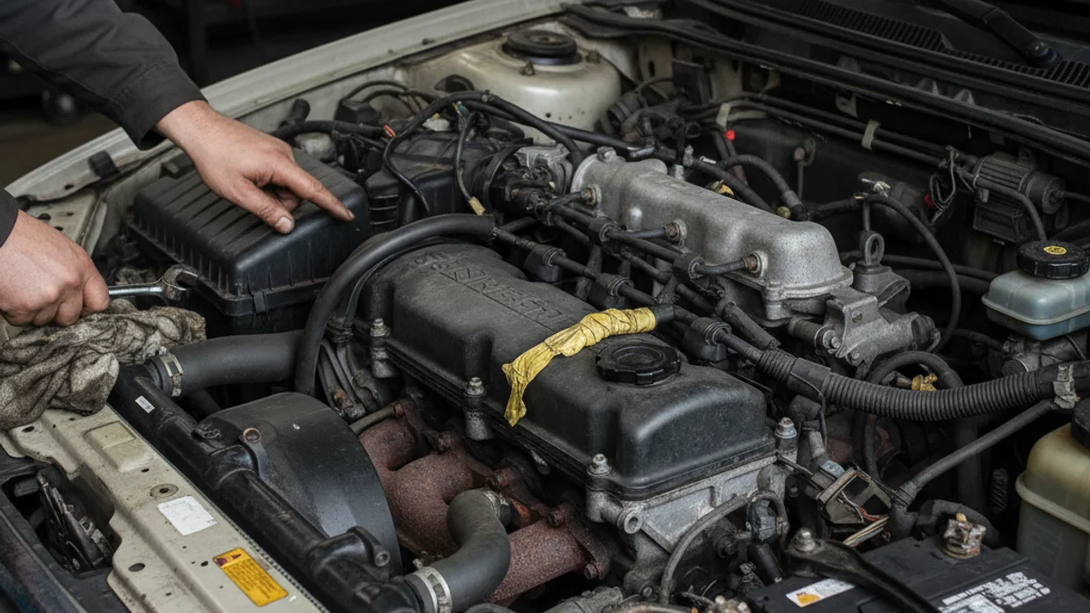 Un cotxe antic o envellit amb el capó obert en un taller mecànic, simbolitzant la manca de manteniment i l'envelliment de la flota.
