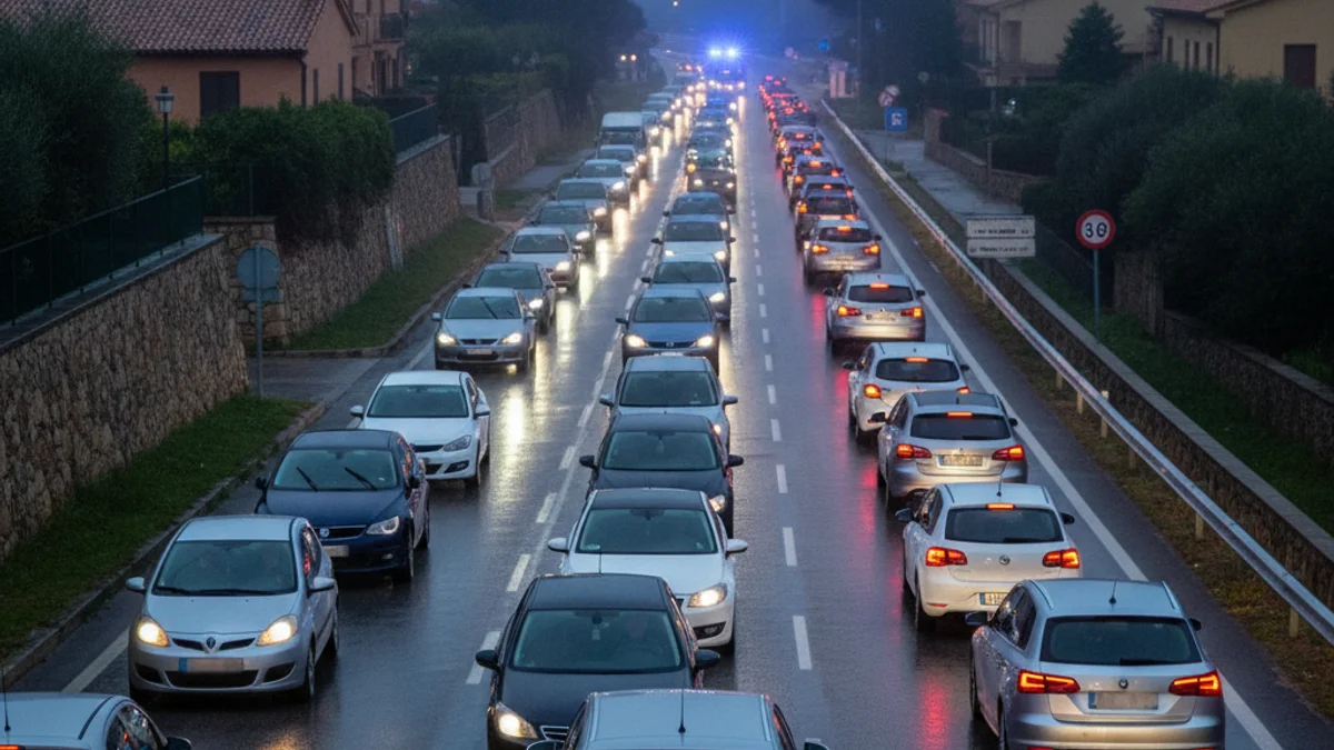 Generic image of a road with blue emergency lights in the background during sunset.