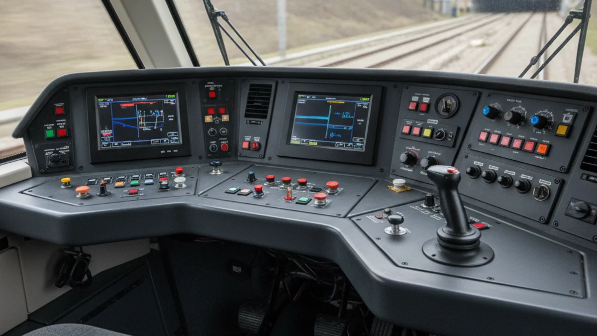 Imatge genèrica de la cabina d'una locomotora de tren buida amb els controls visibles.