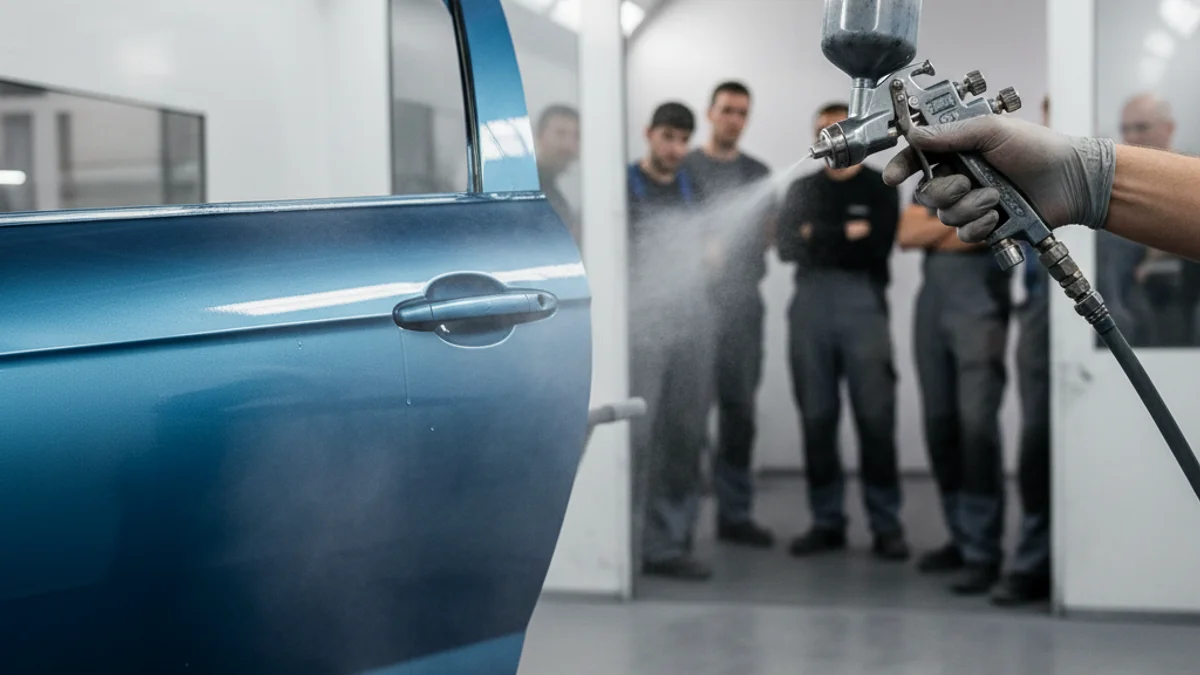 Imagen genérica de una pistola de pintura para vehículos en un taller de carrocería.