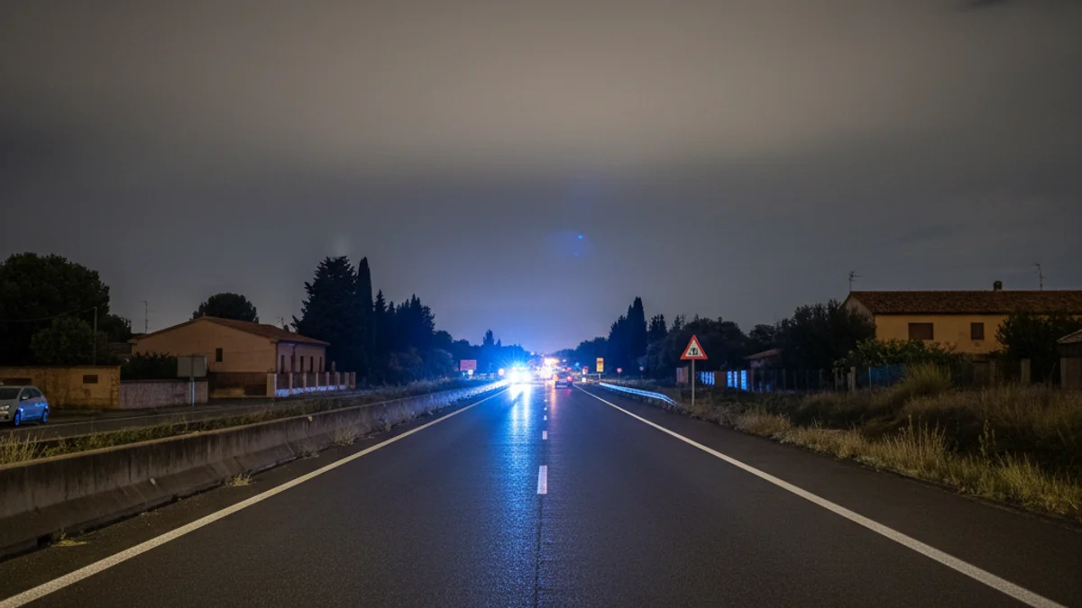 Imatge genèrica d'una carretera de nit amb llums d'emergència blaus difuminats al fons.