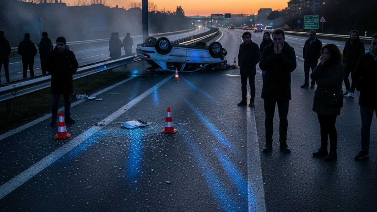 Imatge genèrica d'un accident de trànsit amb un vehicle bolcat en una carretera durant el vespre.