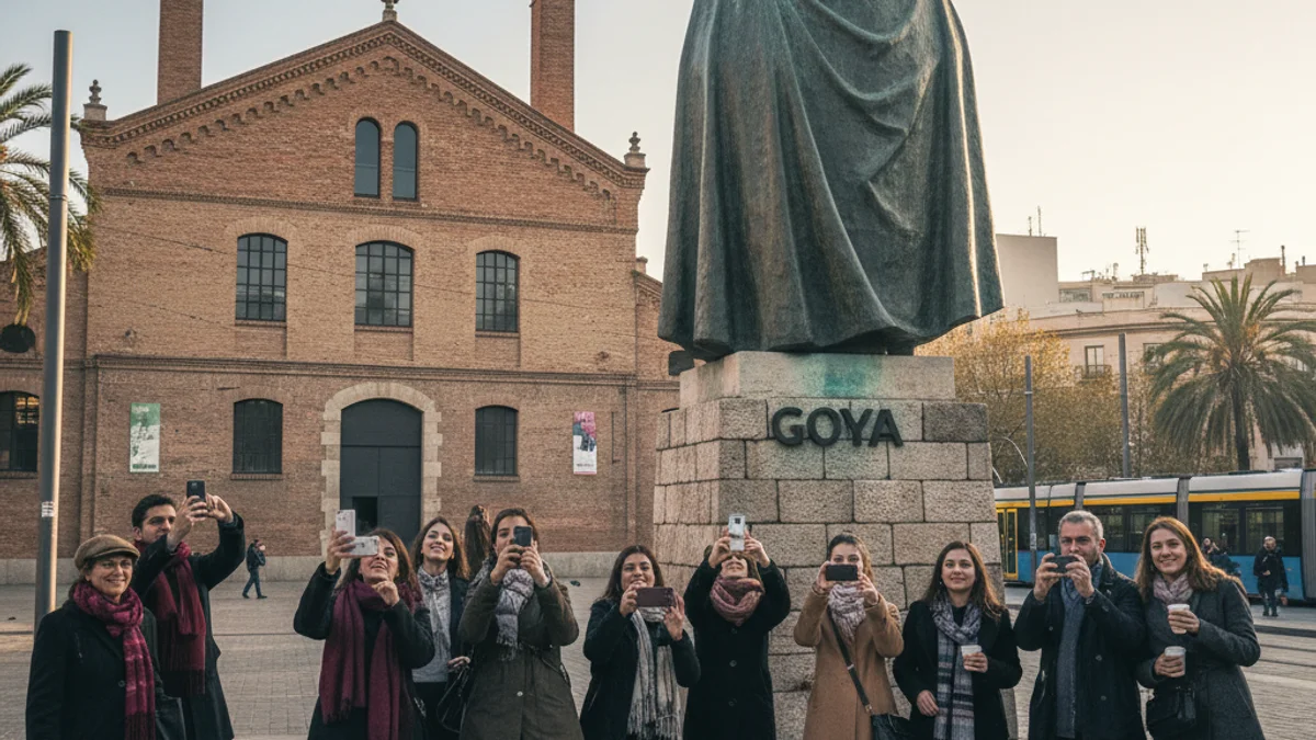 Imatge genèrica d'una estàtua monumental dels Premis Goya instal·lada en una plaça pública.