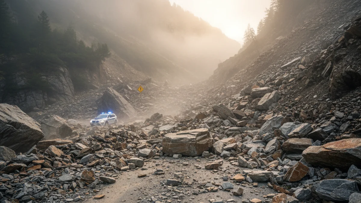 Imatge genèrica d'una esllavissada de roques tallant una carretera de muntanya.