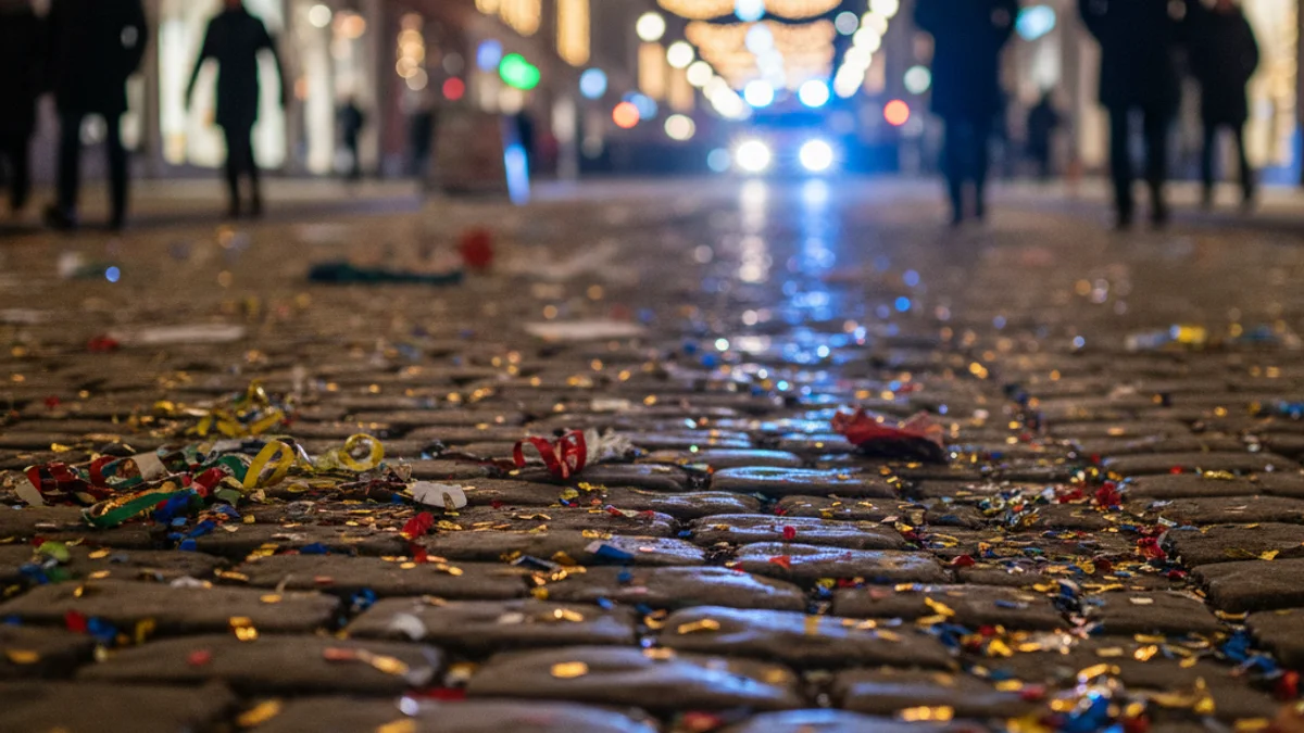 Imatge genèrica d'una carrer festiu amb confeti i llums d'emergència blaves al fons.