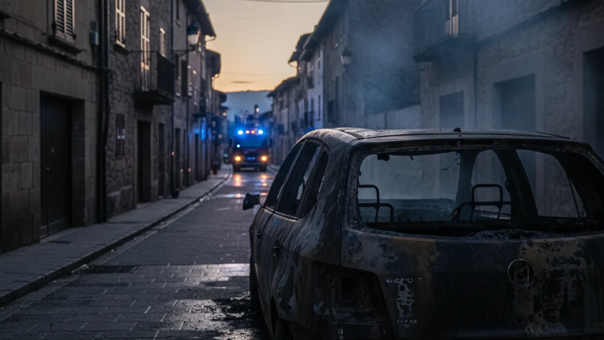 Imatge genèrica d'un vehicle calcinat en un carrer després d'un incendi nocturn.