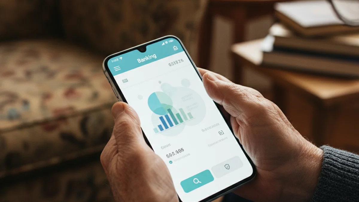Representació genèrica d'una persona gran utilitzant un telèfon mòbil, amb elements de seguretat digital.