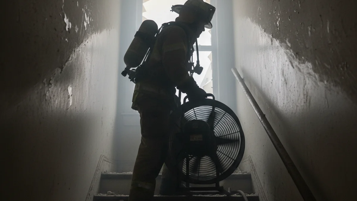 Imatge genèrica d'un dispositiu d'emergències treballant en la ventilació d'una escala de veïns després d'un incendi.