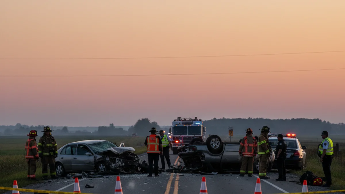 Vista d'una carretera tallada amb vehicles d'emergència i bombers treballant en un accident de trànsit.