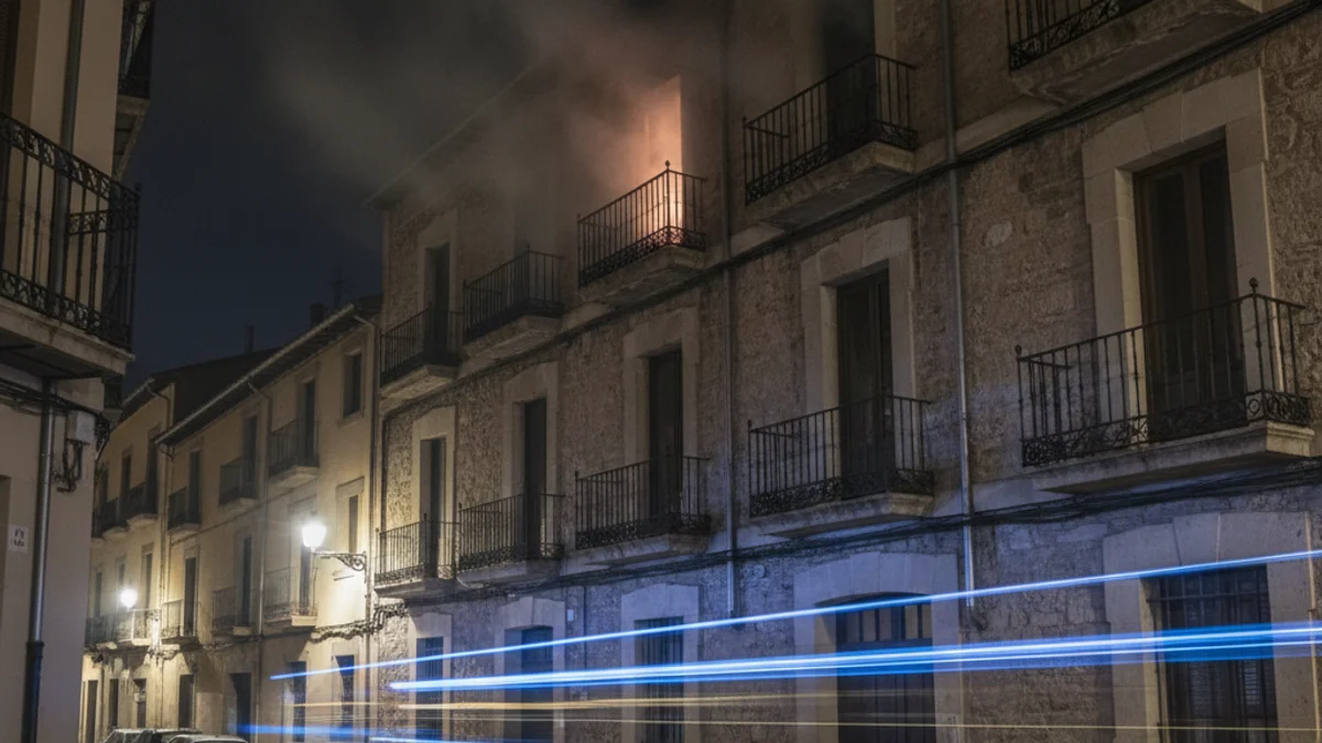 Imatge genèrica d'un edifici d'habitatges de nit amb llums d'emergència blaves reflectides a la façana.