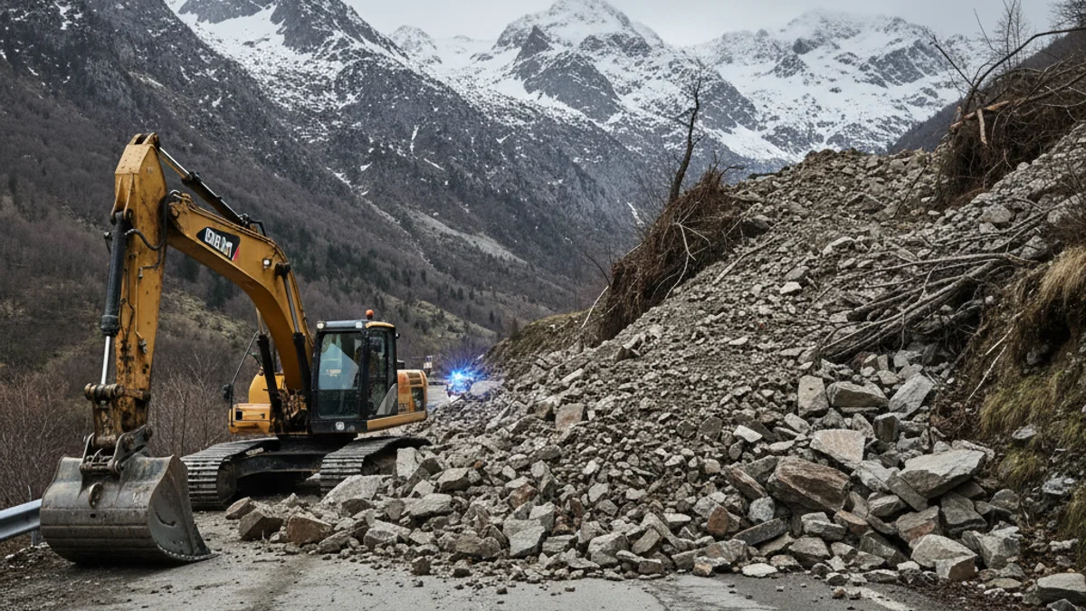 Generic image of a rock landslide blocking a mountain road in the Pyrenees.
