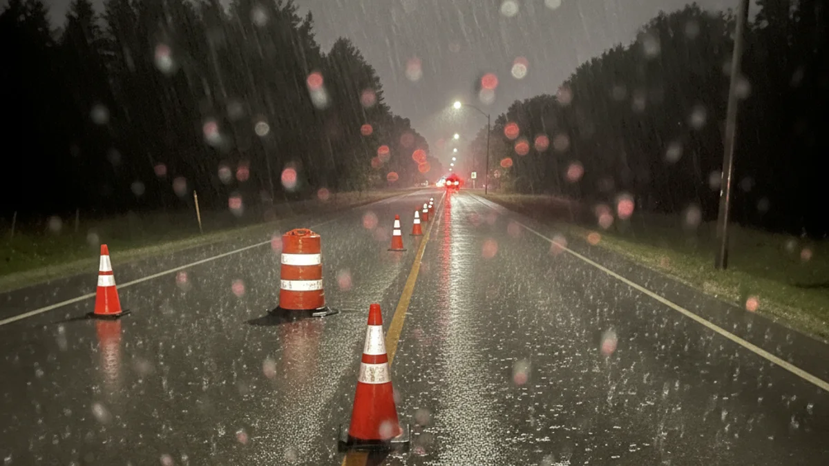 Imatge d'una carretera de nit amb cons de trànsit i senyalització d'emergència per un carril tallat.