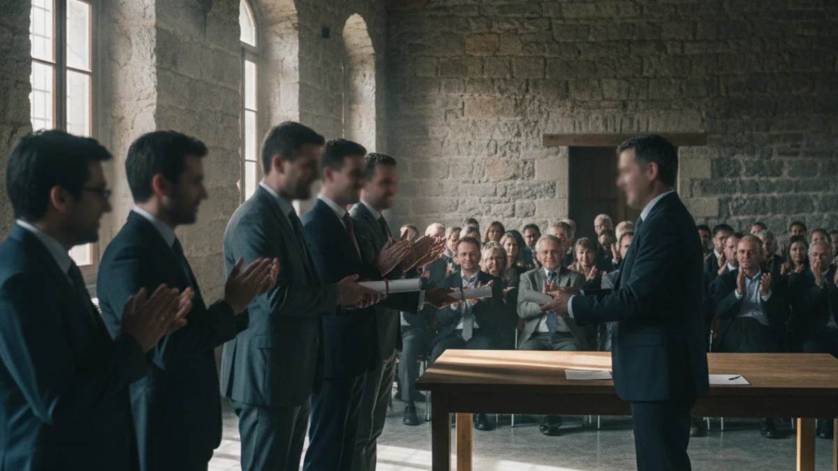 Un grup de persones en un acte oficial de lliurament de certificats de sostenibilitat.