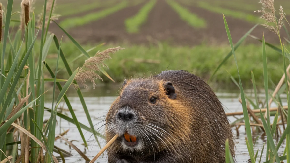 Imatge genèrica d'un coipú en un entorn natural a prop de zones de conreu.