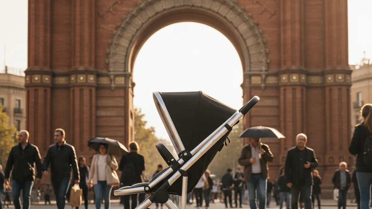 Generic image of a baby stroller in front of the Arc de Triomf in Barcelona.