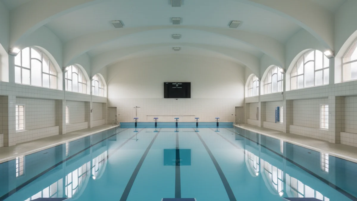 Vista general d'una piscina coberta municipal amb carrils de natació i aigua blava.