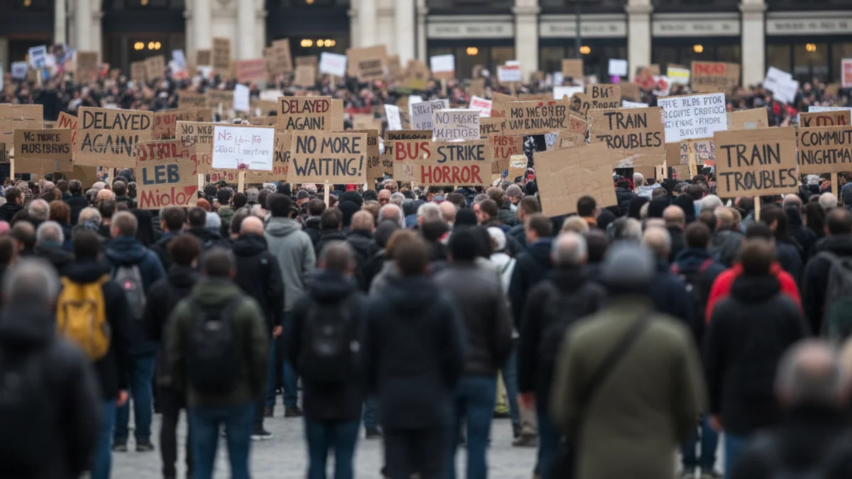 Imatge genèrica d'una protesta a una plaça urbana amb pancartes sobre el transport públic i la xarxa ferroviària.